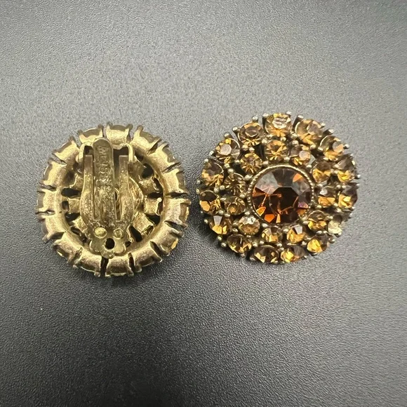 VTG 50'S SIGNED WEISS AMBER ORANGE AB RHINESTONE CLUSTER CLIP-ON EARRINGS - Picture 2 of 5